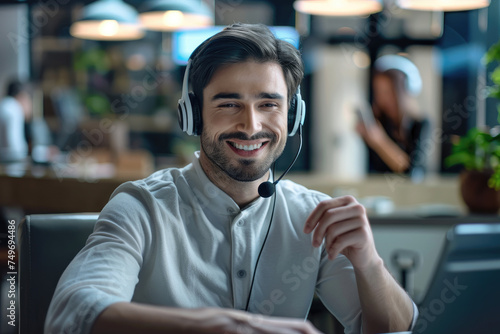 Cheerful young support phone male operator in headset