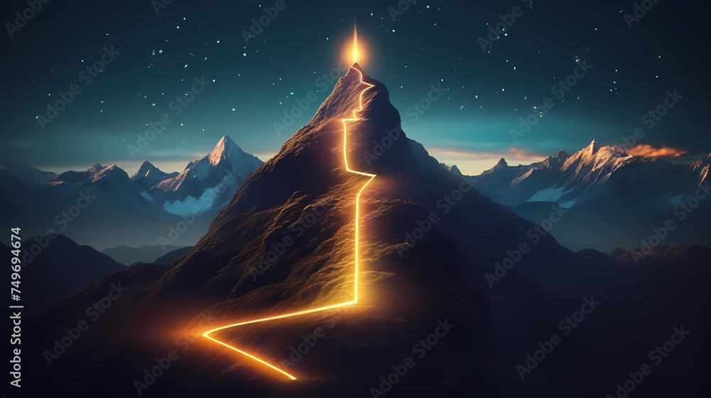 Road to success concept, glowing light road up the mountain