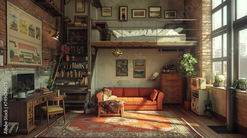 A stylish studio apartment with a loft bed, a sofa, and a rug.
