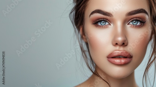 Beautiful woman with perfect makeup on gray background