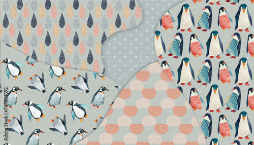 cute penguins and abstract geometric shapes seamless patten assorted set, 16:9 widescreen wallpaper / backdrop	

