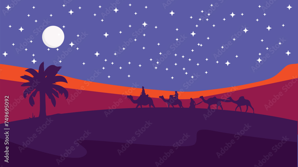 The caravan going through the desert with moon and star,Night Desert, Islamic Background,Landscape Illustration The caravan going through the desert with moon and star,Night Desert, Islamic Background,Landscape Illustration