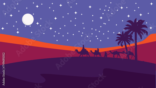 The caravan going through the desert with moon and star,Night Desert, Islamic Background,Landscape Illustration