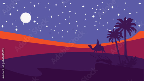 The caravan going through the desert with moon and star,Night Desert, Islamic Background,Landscape Illustration