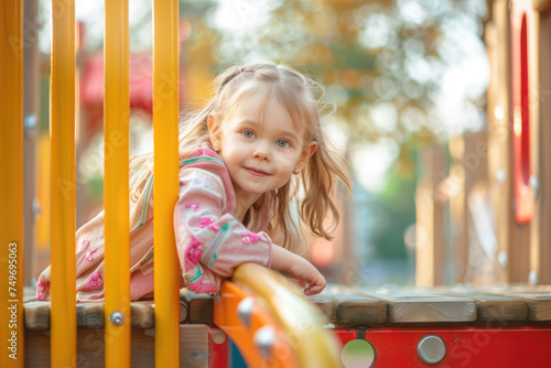 Child girl playing on playground equipment in the park
