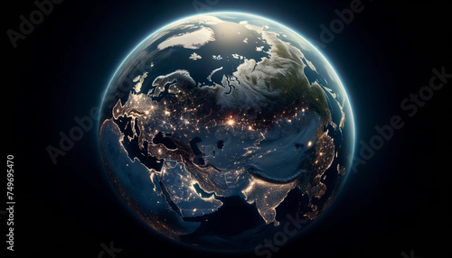 A full view of the Earth from space during the night, displaying the entire globe in one cohesive image, with Russia as the central highlight