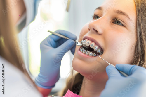 teenage girl getting her dental braces removed by orthodontist at dentist's office