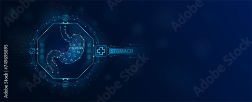 Stomach human chip in electronic circuit board microchip processor technology medical. Innovative health care information processing of digital hi tech future. Empty space for text. Banner vector.