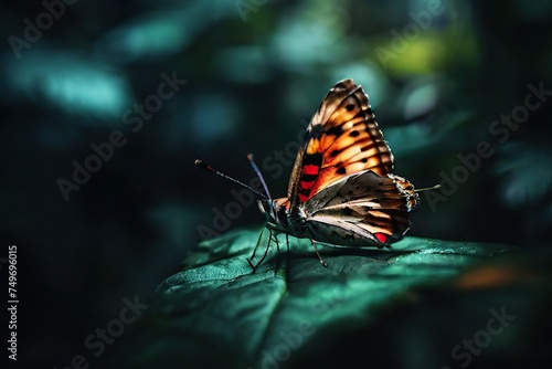 Butterfly on big Leave in a dark cinematic scene. © Gedel