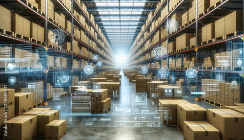 A spacious warehouse scene filled with various sized brown boxes. The image includes overlays of futuristic digital technology elements