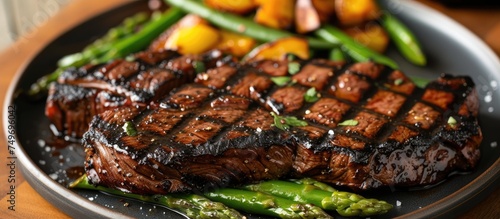 A dish featuring sizzling sirloin steak, fresh green asparagus spears, and golden roasted potatoes arranged artistically. The juicy steak, tender asparagus, and crispy potatoes combine to create a