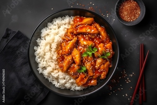 Sweet and sour chili sauce chicken with rice in a plate on a black stone table, top view