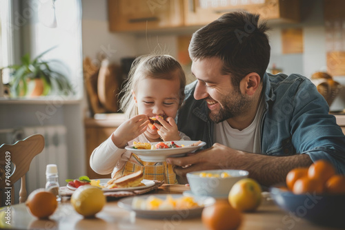 father feeds his daughter during breakfast at dining table photo
