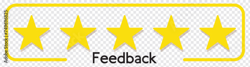 Star icon. Vector yellow isolated five stars. Customer feedback concept. Vector 5 stars rating review. Quality shape design.