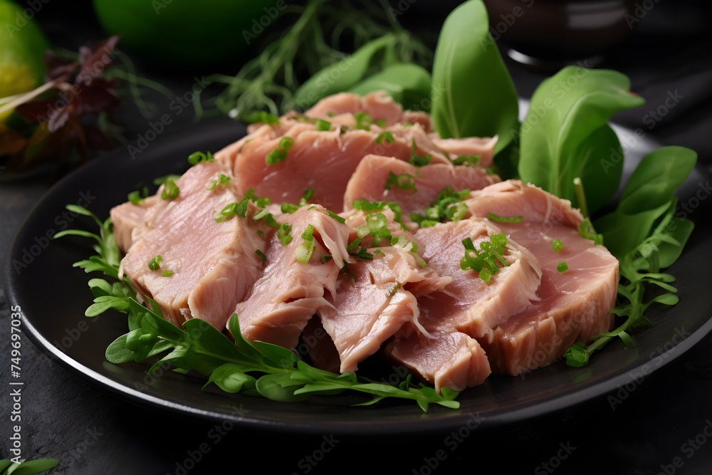 Plate with delicious canned tuna and fresh herbs, closeup