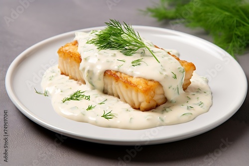 Fish fillet with white sauce and dill on a gray background