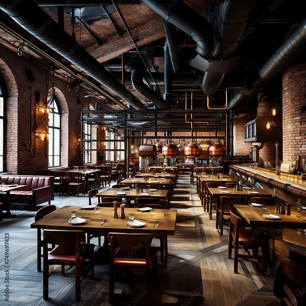 A restaurant hall with red brick walls wooden tables