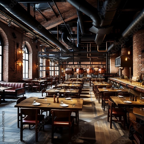 A restaurant hall with red brick walls wooden tables