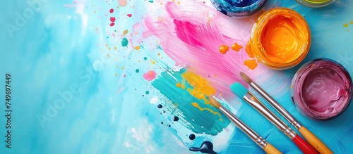 A close-up view of assorted paintbrushes and vibrant paint colors scattered on a wooden table. The paintbrushes are of various sizes and shapes, with bristles covered in dried and fresh paint. photo