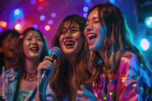 happy joyful people singing with a mic and colorful background
