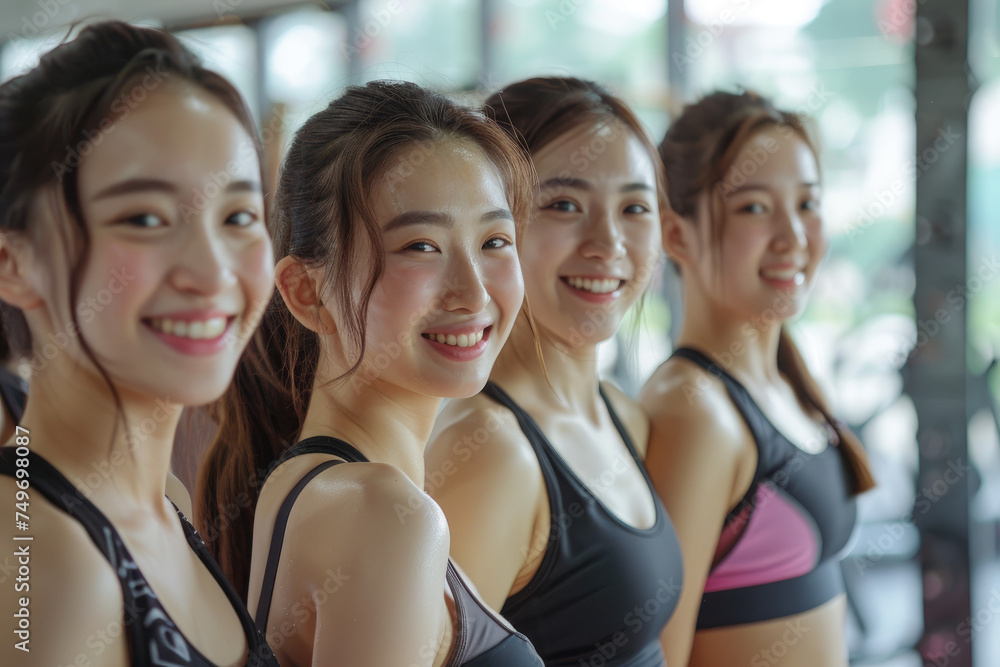 Group of smiling asian young women ready to start a gym class