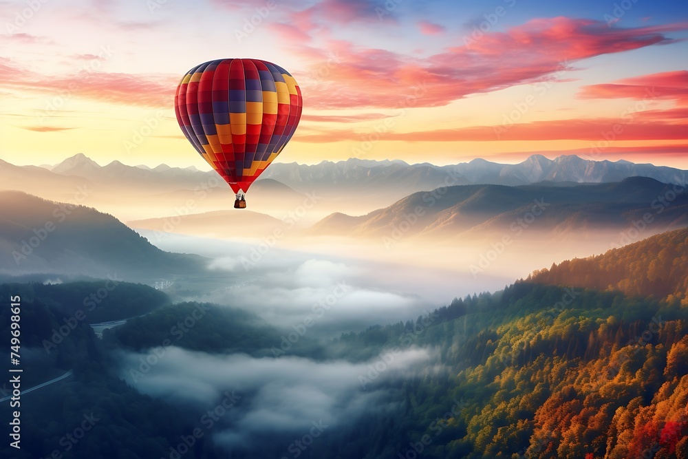 Hot air balloon flying over the mountains at sunrise