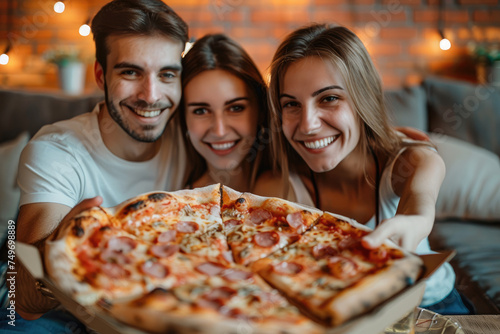Happy couple eating pizza while watching movie at home