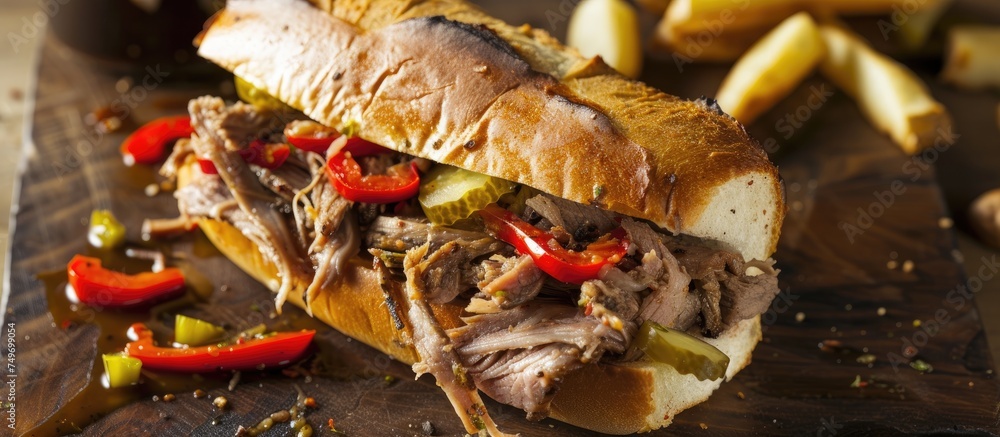 A detailed view of a delicious Chicago Italian Beef sandwich, bursting with savory flavors and accompanied by a side of juicy au jus, on a wooden cutting board. A detailed view of a delicious Chicago Italian Beef sandwich, bursting with savory flavors and accompanied by a side of juicy au jus, on a wooden cutting board.