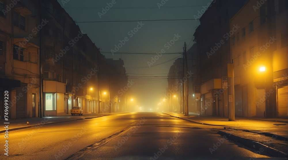 Dark empty street at night with thick yellow smog from Generative AI