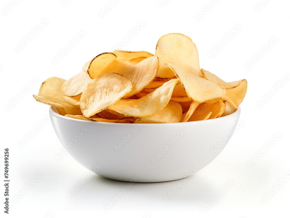 Potato chips in bowl isolated on white background Potato chips in bowl isolated on white background