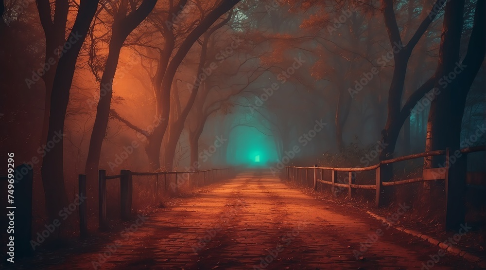Dark scary empty road at night with thick orange smog on the middle of forest from Generative AI