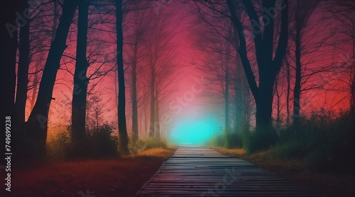 Dark scary empty road at night with thick colorful smog on the middle of forest from Generative AI