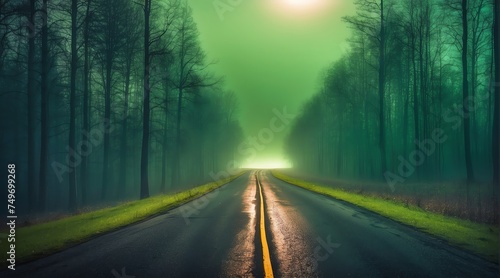 Dark scary empty road at night with thick green smog on the middle of forest from Generative AI