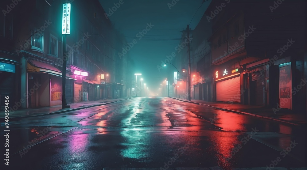 Dark scary empty street at night with thick colorful smog from Generative AI