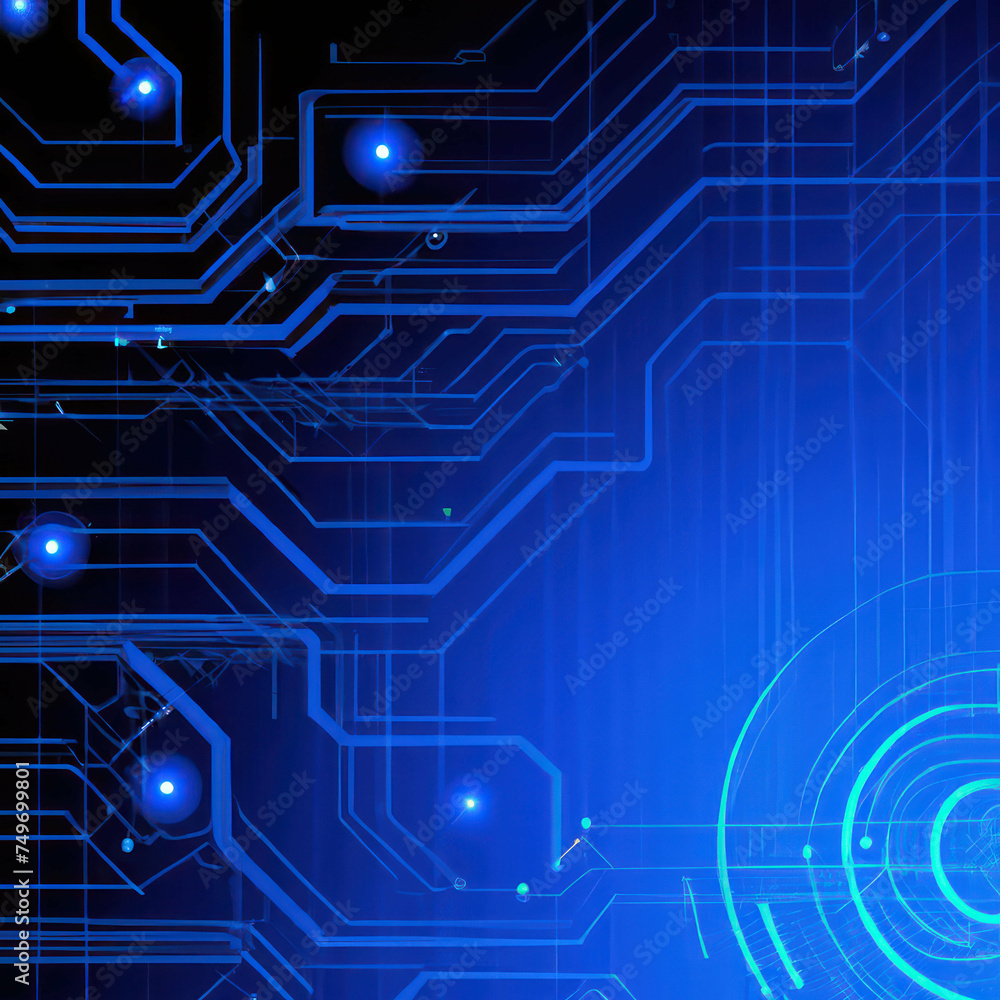 Generative AI of digital art of a blue circuit design with glowing points Generative AI of digital art of a blue circuit design with glowing points