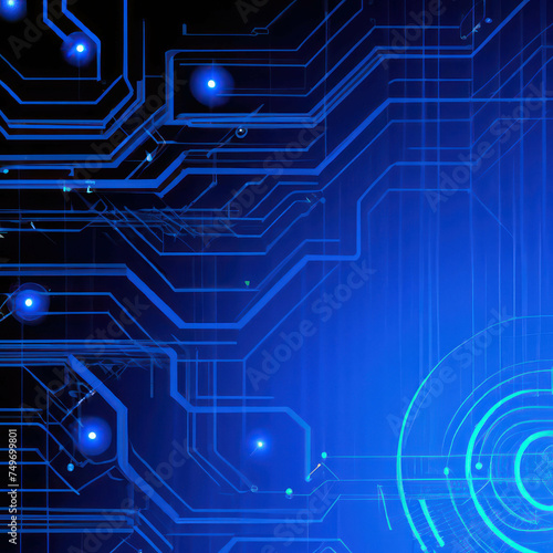 Generative AI of digital art of a blue circuit design with glowing points