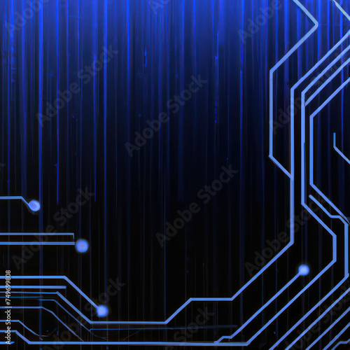 Generative AI of digital art of a blue circuit design with glowing points