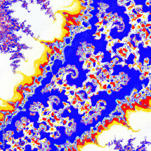 Generative AI digital fractal art with a chaotic pattern of blue, red, and yellow