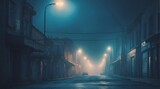 Dark empty street at night with thick blue smog from Generative AI