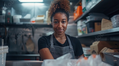 Black Latina Female Volunteer Preparing Free Food Delivery for Low Income People. Charity Workers and Members of the Community Work Together in Local Humanitarian Aid Donation Center. photo