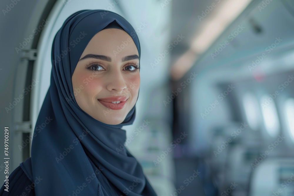 Arab woman wearing airline cabin crew uniform in commercial airplane Arab woman wearing airline cabin crew uniform in commercial airplane