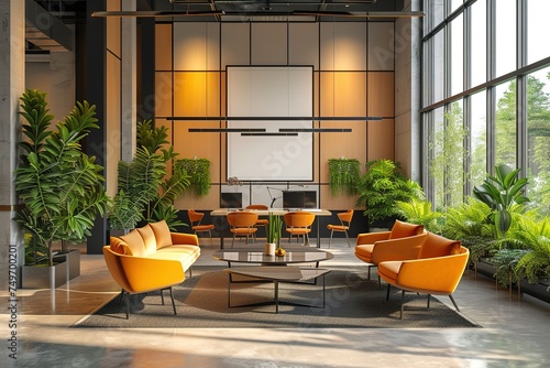 Contemporary coworking interior with banner