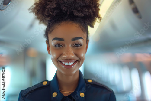 Afro woman wearing airline cabin crew uniform in commercial airplane photo