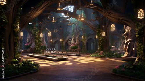 A gym layout for a magical forest fitness center  with enchanted forest workouts and fairy tale decor.