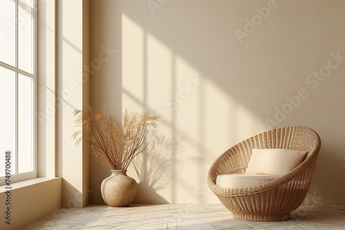 Empty beige wall mockup in boho room interior with wicker armchair and vase. Natural daylight from a window. Promotion background.