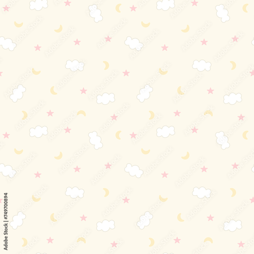 Cute sky seamless pattern vector. White cloud, yellow moon, pink star. Beautiful wallpaper and background. Design for fabric, paper, print, cover, kid cloth, baby design. Cute sky seamless pattern vector. White cloud, yellow moon, pink star. Beautiful wallpaper and background. Design for fabric, paper, print, cover, kid cloth, baby design.