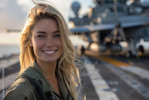 Blonde woman wearing military pilot uniform in military operations