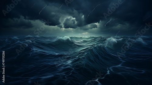 Dark stormy sea with lightning and storm clouds