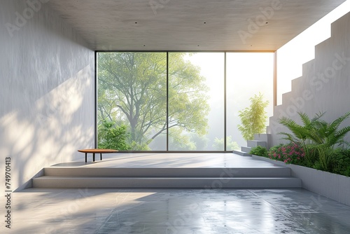 Modern contemporary empty hall with nature view 3d render overlooking the living room behind the room has concrete floors, plank ceilings and blank white walls for copy space, sunlight enter the room. © Azar