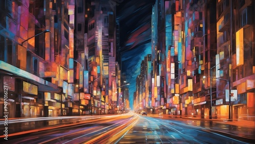 The vibrant energy of a city at night, depicted through the blurred motion of highway lights, creating an abstract and colorful tapestry of urban life Generative AI